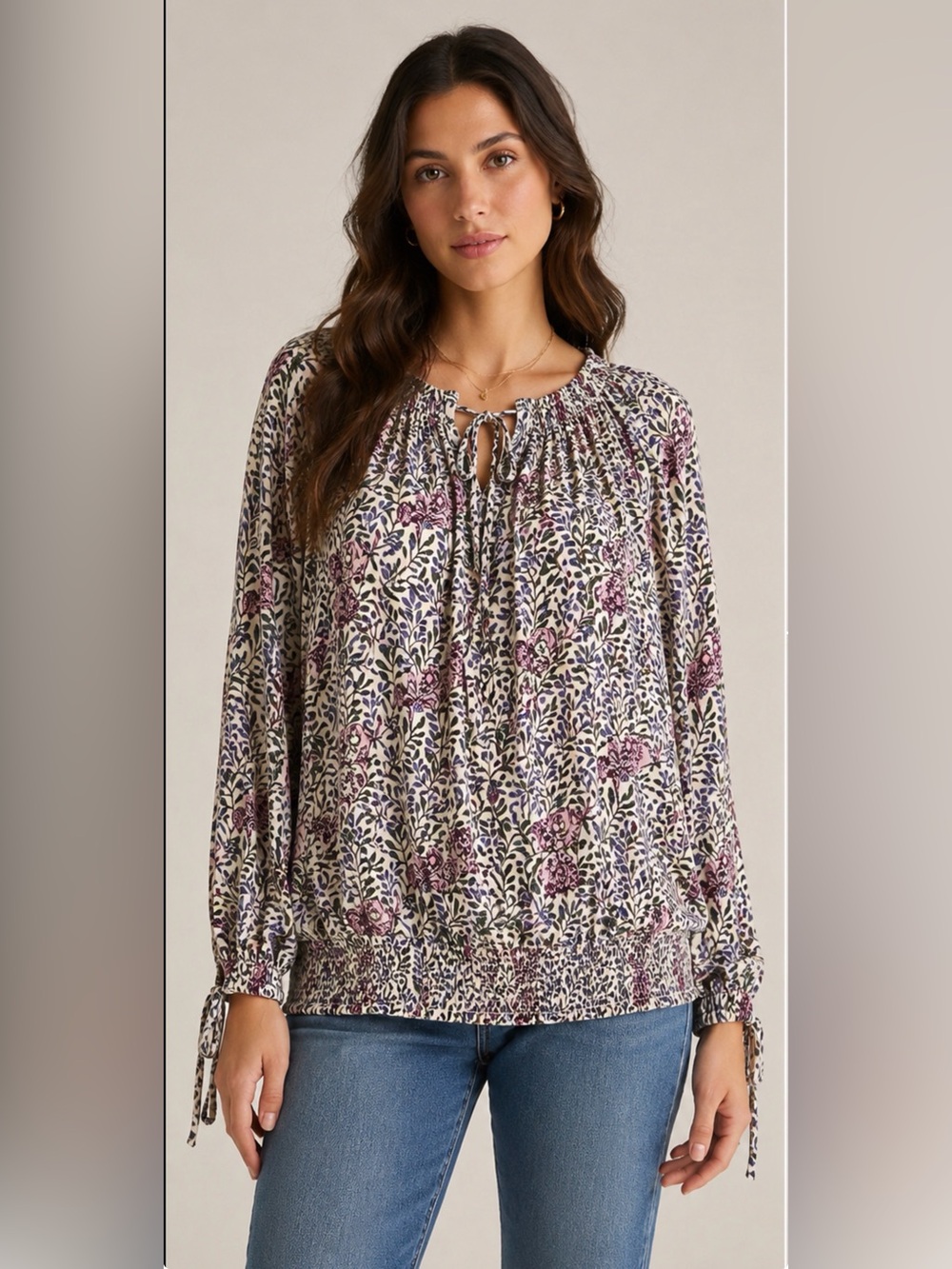 Lucky Brand 2X NWT Floral Boho Peasant Blouse Smocked Hem Tie Sleeve Plus Size